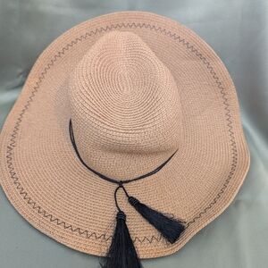 Stylish Tan Wide-Brim Floppy Hat with Black Tassels